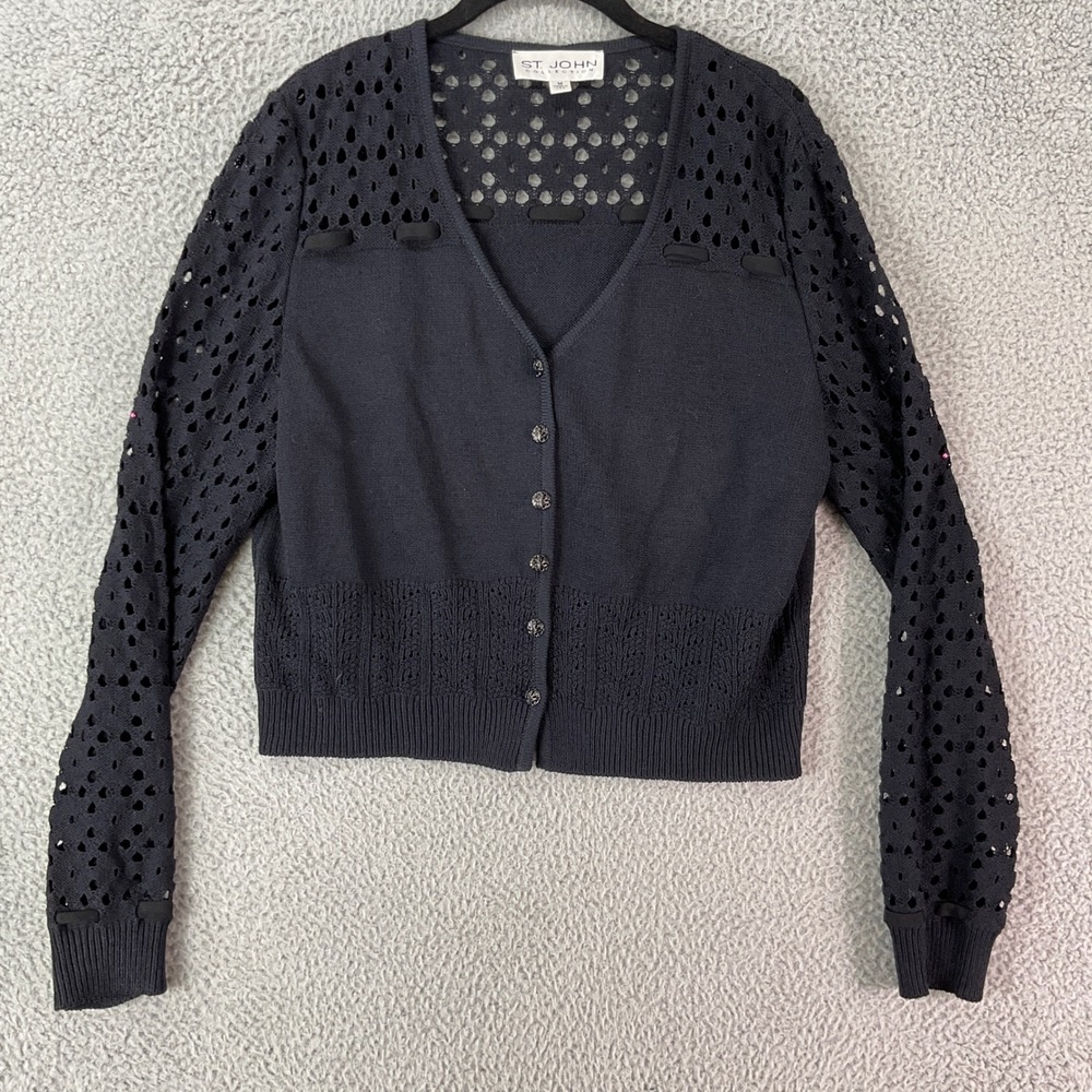 St John Collection Cardigan Womens Medium Black Excellent Pointelle Eyelet Bows
